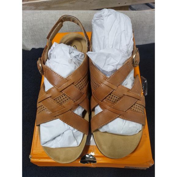 Clarks Shoes - Clarks Collection Laurieann Mae Tan Leather Strappy Sandals Womens 8.5 W Wide